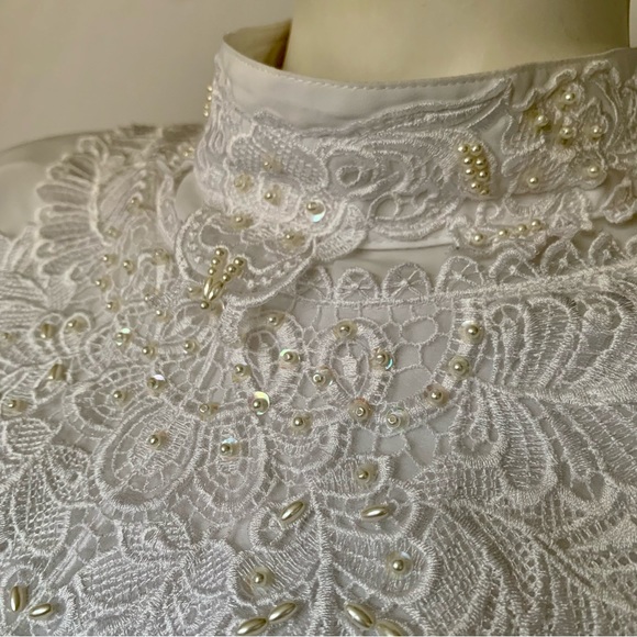 v i n t a g e :: Romantic Floral Lace High Neck Pearl Satin Blouse - Picture 11 of 14